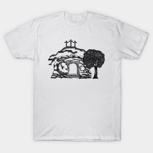 Three crosses on Calvary. Empty coffin after the resurrection of Jesus Christ. T-Shirt